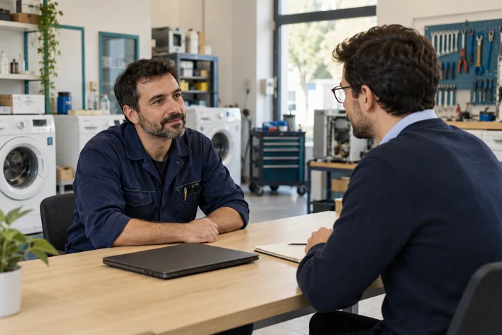 Un profesional del taller conversa con un asesor sobre su negocio