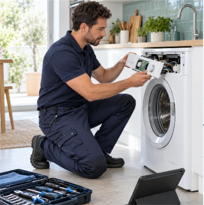 Técnico reparando una lavadora